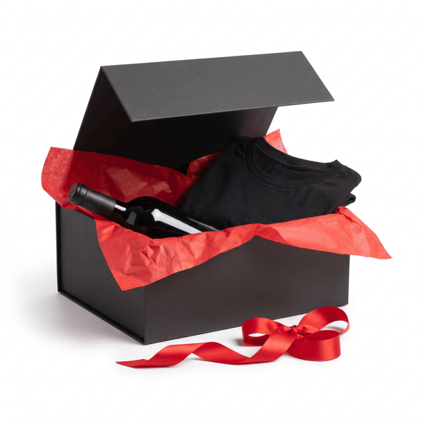 Love Cork Screw Mystery Sip Box, a black gift box with red tissue paper, a surprise tee and a bottle of wine