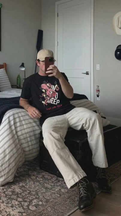 Man wearing the Love Cork Screw In Too Deep octopus tee