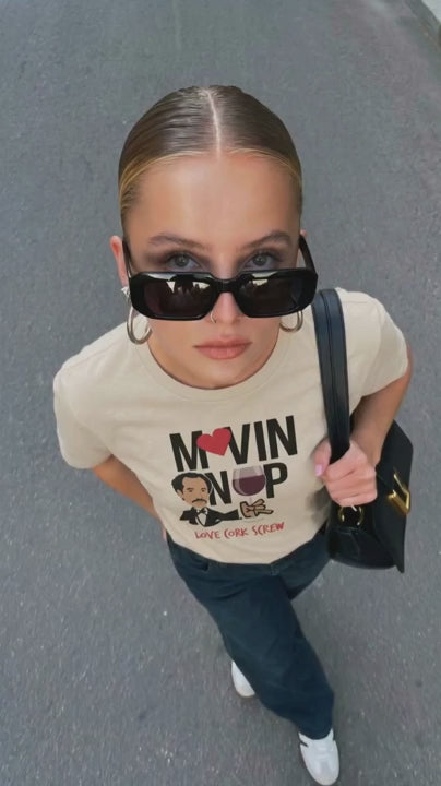 Woman walking in the Love Cork Screw Movin' On Up tee